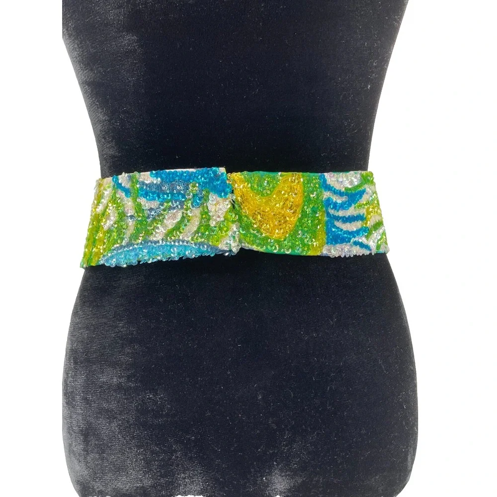 Vintage La Mendola Royal Bird Hand Beaded Blue White Pure Silk Chiffon Belt